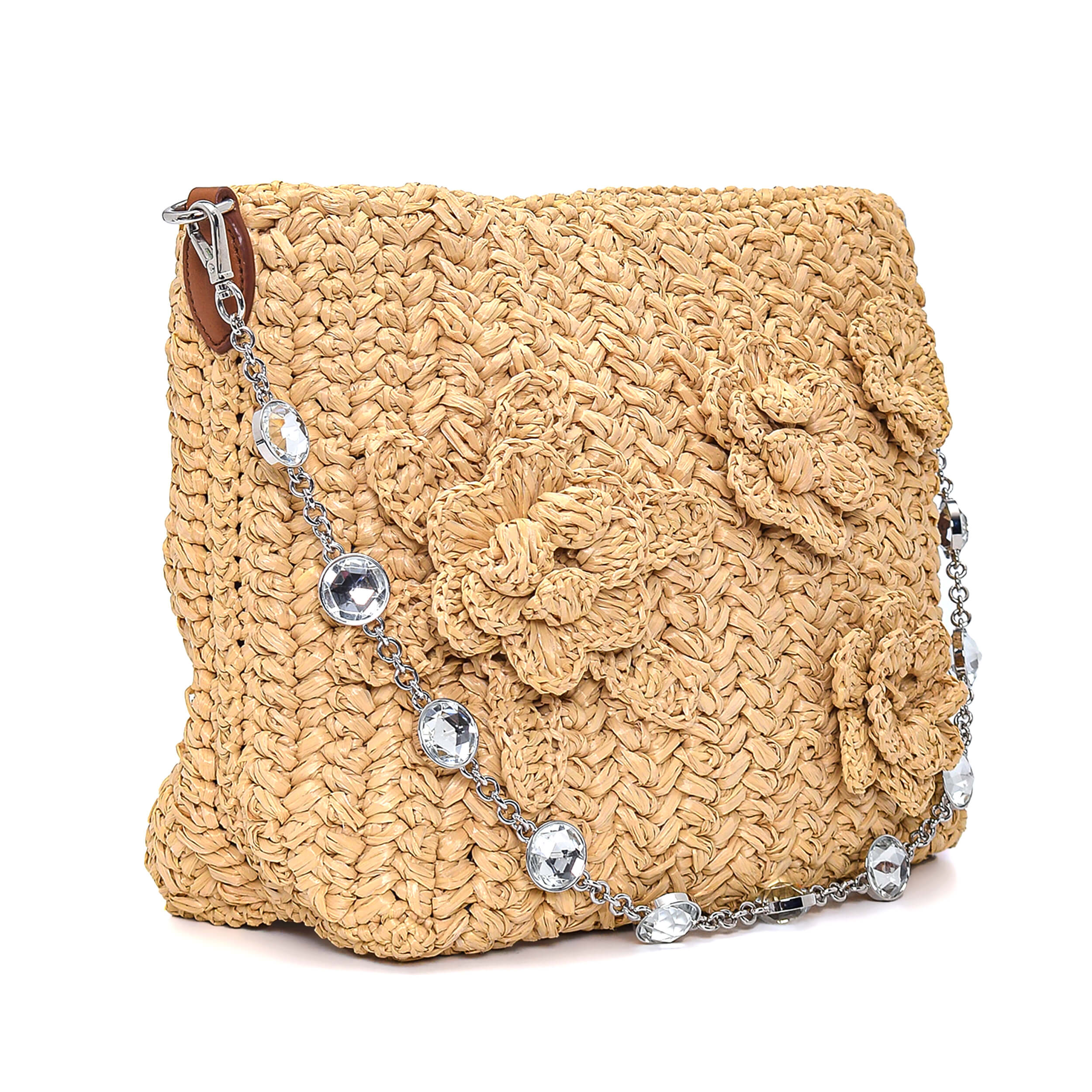 Miu Miu - Beige Wicker&Brown Leather Strap Crossbody Bag